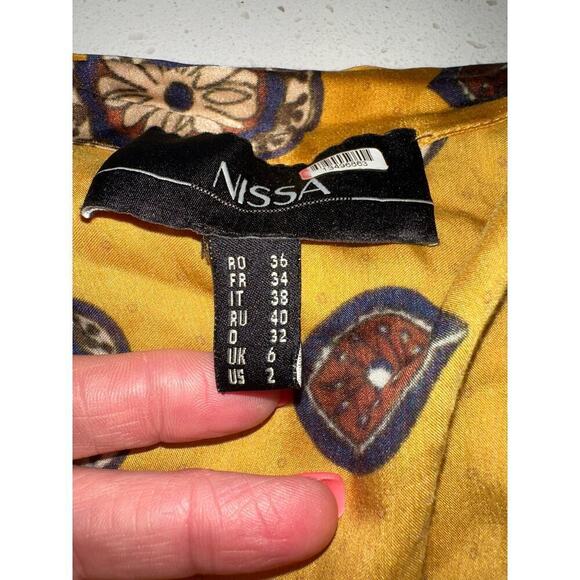 NISSA Women’s A line Printed Dress Silk Blend Scarf Collar yellow US Sz 2 classy - Picture 8 of 13